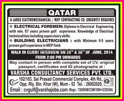 Large Electromechanical mep co job vacancies for Qatar