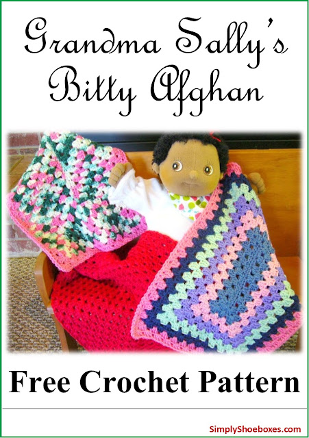 Bitty afghan free crochet pattern designed for an Operation Christmas Child shoebox.