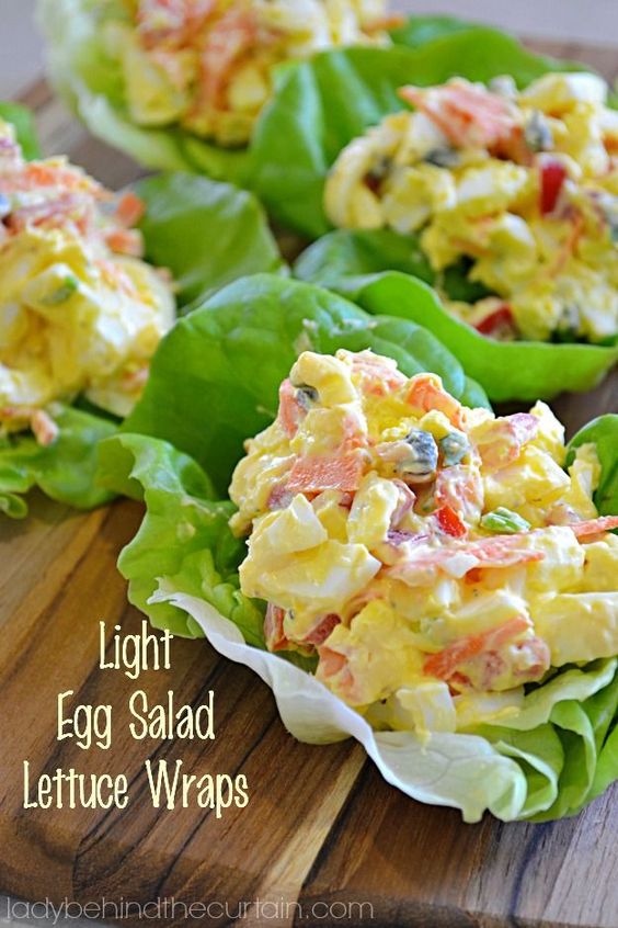 Light Egg Salad Lettuce Wraps These Light Egg Salad Lettuce Wraps are the perfect quick lunch or snack at around 124 calories for two! I’m trying to cut back on the amount of bread products and these Light Egg Salad Lettuce Wraps are perfect. With chopped red pepper, capers, green onion and carrots.