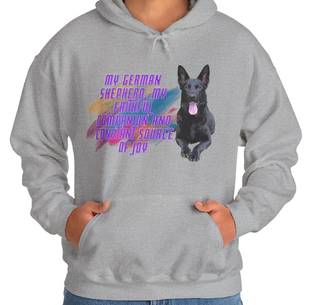 A Hoodie With Giant European Solid Black Female German Shepherd Leaving Her Tongue Out and Caption My Faithful Companion