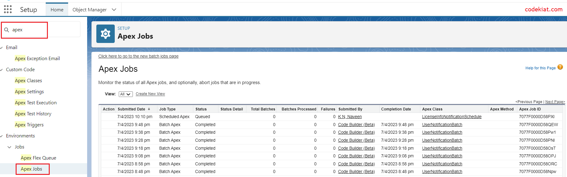 Apex jobs view in the salesforce setup