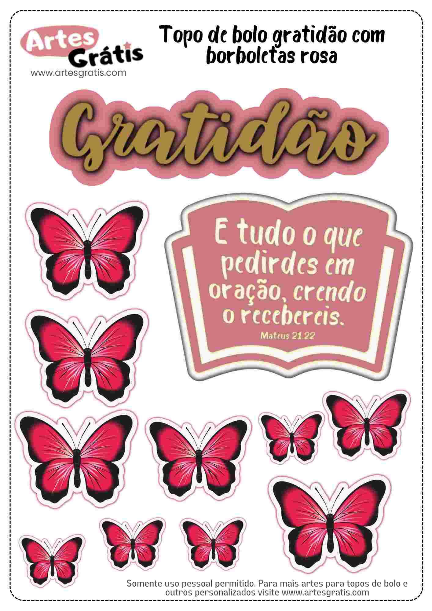 Topo de bolo gratidão borboletas rosa grátis para imprimir