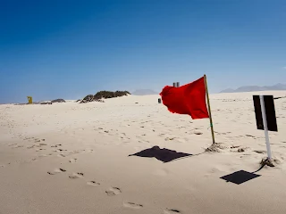 A solitary red flag planted on a sandy beach, flying in the wind.