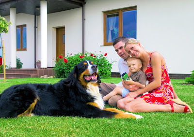 Familia en el jardón con su mascota perro San Bernardo