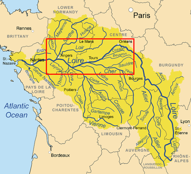  mapa mostrando o rio do Loire passando pela região Central Vale do Loire e País do Loire   