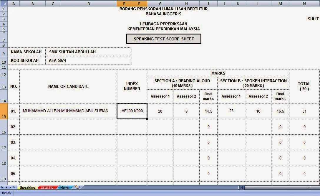 Sekadar Menulis: Borang Markah Pentaksiran Lisan PT3 