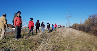 A row of people walking in a field on a sunny winter day