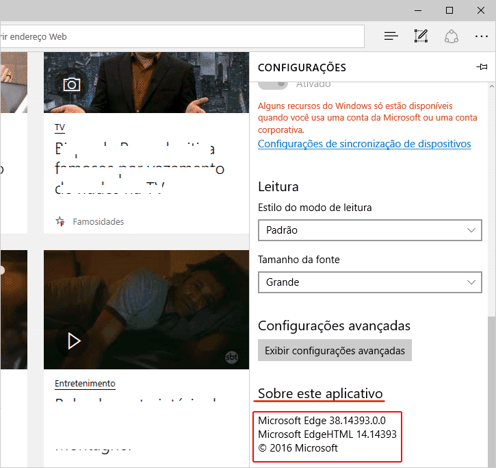 Descobrir a versão do Microsoft Edge - Configurações