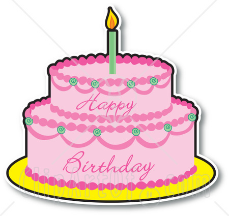 Clip art of an elegant birthday cake with pink roses and a big bow.