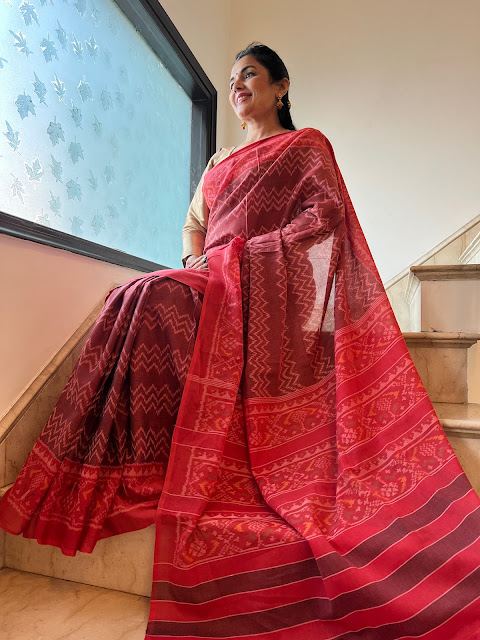 Red chevron ikat design cotton patola saree