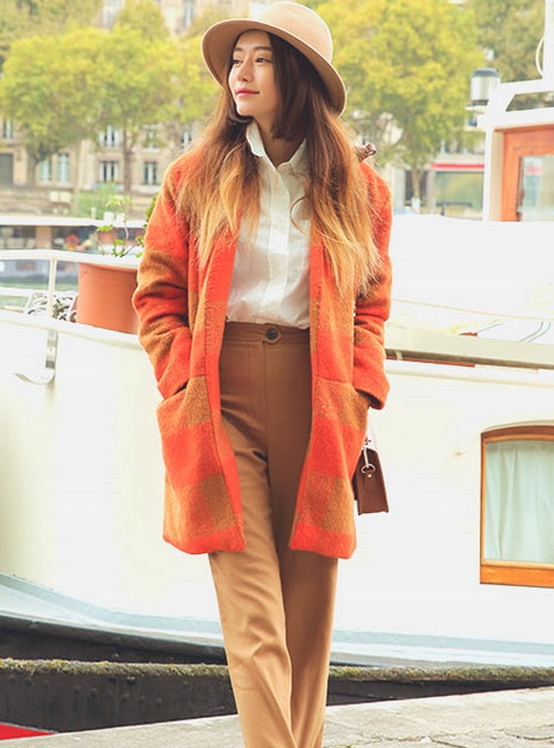 Collarless Colored Wool Check Coat