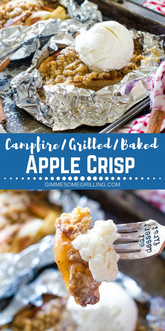 These delicious foil packets stuffed with your favorite apple crisp are perfect for making on the grill, over the campfire or in your oven! Tender, juicy apples topped with an oatmeal streusel makes a perfect apple crisp. Don't forget the ice cream on top of your Campfire Apple Crisp Foil Packets! #gimmesomegrilling #apple #dessert #applecrisp #foilpack #foilpackets #grill #grilled #grilling #campfire #recipe #easydessert #easyrecipe