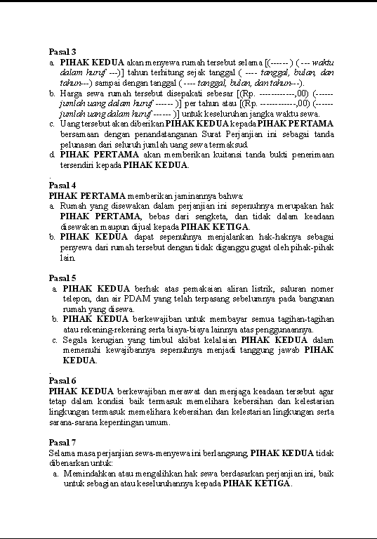 CONTOH SURAT PERJANJIAN SEWA RUMAH/RUKO/KIOS