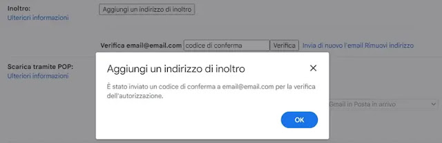 Gmail, Inoltro, verifica autorizzazione tramite codice di conferma