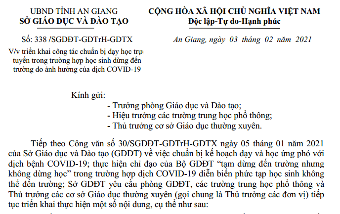 Công tác chuẩn bị dạy học trực tuyến trong trường hợp học sinh dừng đến trường do ảnh hưởng của dịch COVID-19.