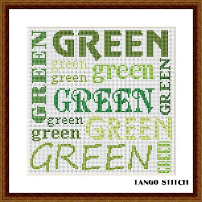 Green words cloud typography cross stitch pattern - Tango Stitch
