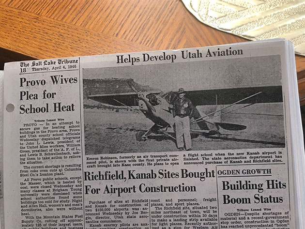 Newspaper article about dad building airport (Source: Salt Lake Tribune, April 4, 1946)