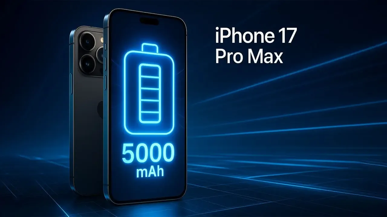 Ilustrasi iPhone 17 Pro Max dengan ikon baterai besar 5000mAh menunjukkan peningkatan kapasitas baterai terbaru Apple