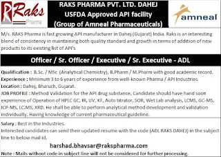 B.Sc, M.Sc, B.Pharm, M.Pharm Jobs Vacancy For Officer / Sr. Officer / Executive / Sr. Executive in RAKS Pharma Pvt. Ltd.