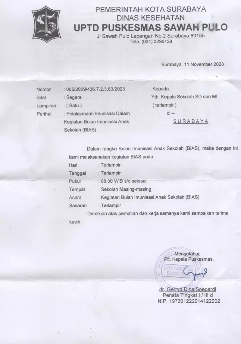 Surat Pemberitahuan BIAS Puskesmas Sawah Pulo