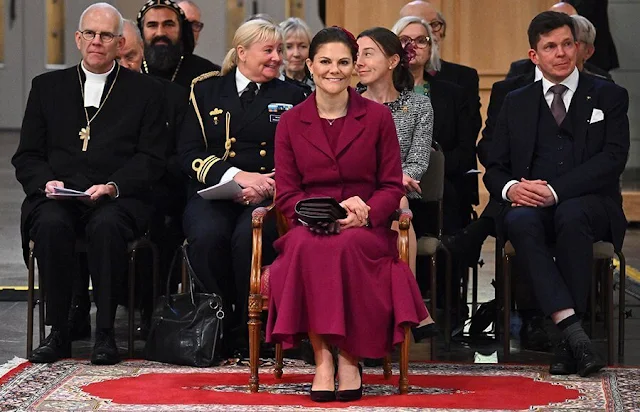 Crown Princess Victoria wore a wine red midi dress by Camilla Thulin, and a red jacket by Andiata