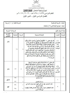 نموذج إجابة امتحان الصف الثامن في التربية الاسلامية الفصل الدراسي الاول 2016/2017