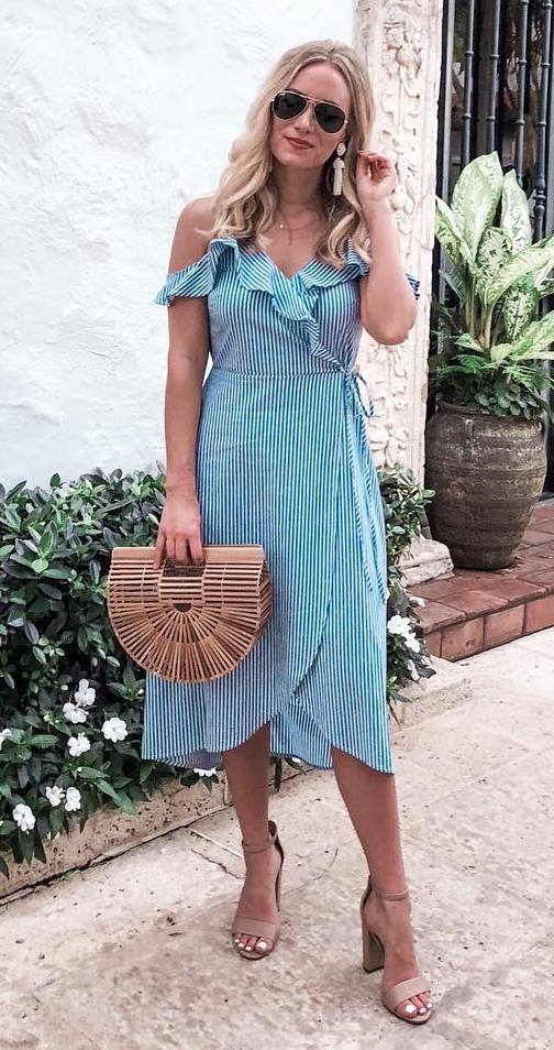 trendy summer outfit / bag + beige heels + striped dress