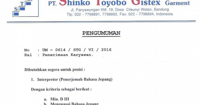 Lowongan Kerja PT. Shinko Toyobo Gistex Garment (Ditutup 