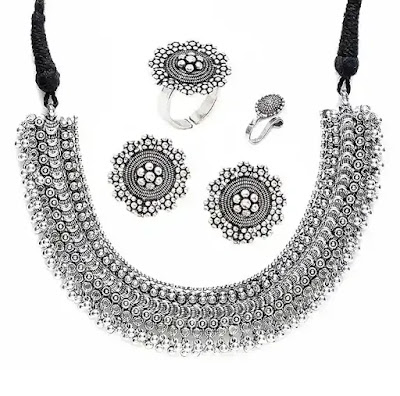 Silver Plated Tribal Jewellery Necklace Earring Set for Women
