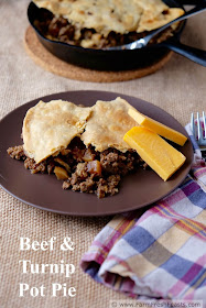 Ground beef and sautéed turnips topped with pie crust and baked in a skillet. Hearty comfort food from the farm share.