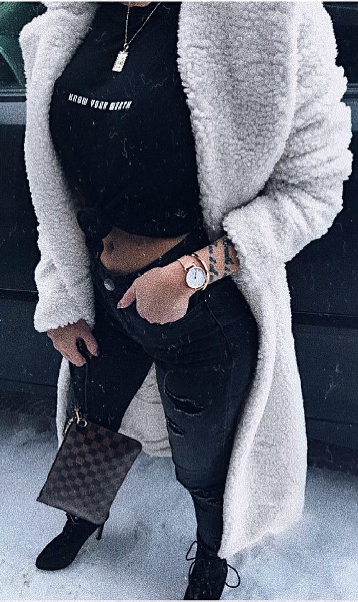 winter street style / white coat + top + black rips + bag + boots