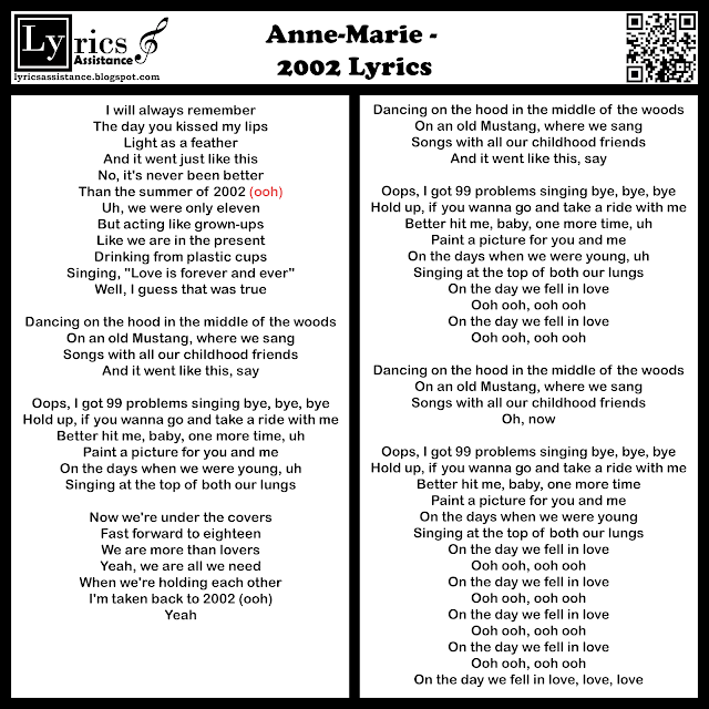 Anne-Marie - 2002 Lyrics | lyricsassistance.blogspot.com