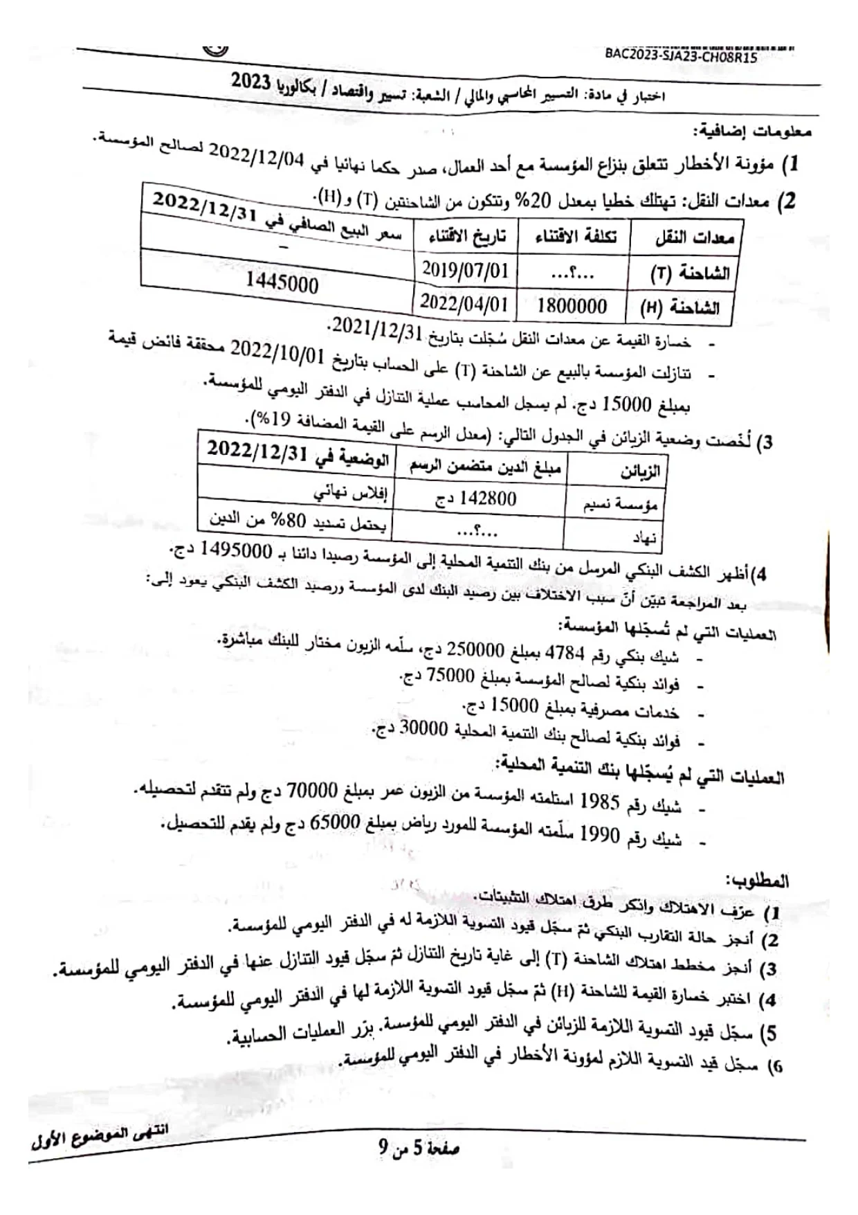 موضوع التسيير المحاسبي بكالوريا 2023 شعبة تسيير واقتصاد