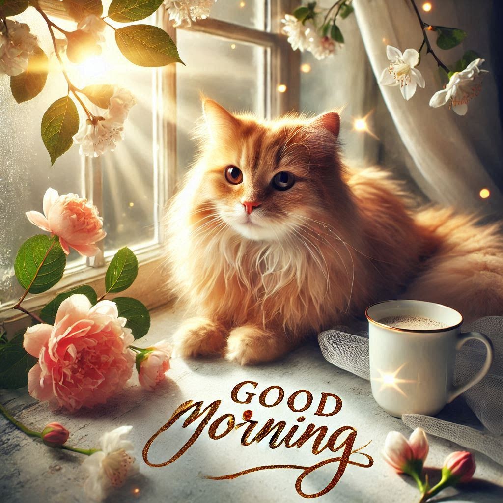fluffy orange tabby cat good morning picture