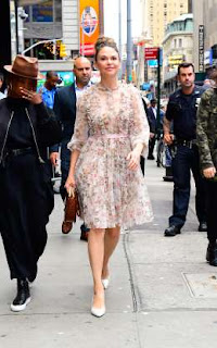 sutton foster floral print ruffled dress for an episode of Good Morning America in New York City