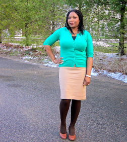 Target cardigan, Macy's skirt, Brown pencil skirt