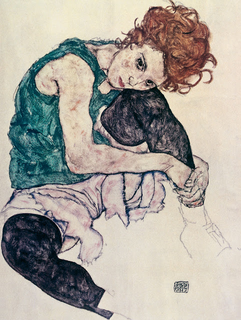 Painting of seated woman with head on knee