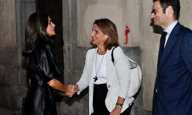 Queen Letizia wore a black leather belted midi dress by & Other-stories
