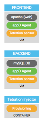 topology of the application deployment, showing the sensors applied