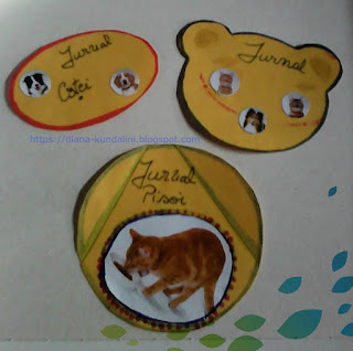 trei etichete din hartie galbena, diferite forme: ovala, cap de ursulet, rotunda si cu poze mici de caini si pisici,