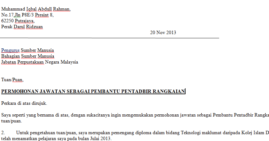 Surat Permohonan Kerja Sebagai Pembantu Tadbir - GRasmi