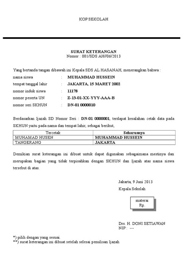 Contoh Surat Keterangan Kesalahan Penulisan Ijazah