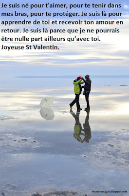 Je suis né pour t'aimer, pour te tenir dans mes bras, pour te protéger. Je suis là pour apprendre de toi et recevoir ton amour en retour. Je suis là parce que je ne pourrais être nulle part ailleurs qu’avec toi. Joyeuse St Valentin.