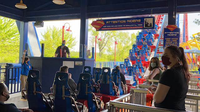 Superman The Ride Roller Coaster Train Leaves Station Onto Lift Hill Six Flags New England