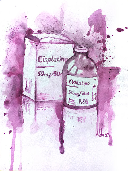 Botella de Cisplatino, medicamento usado para el tratamiento de cancer, realizado con grana cochinilla