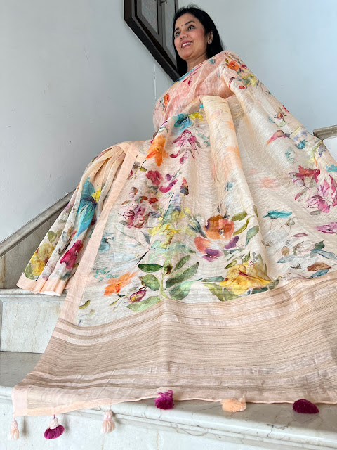 Peach linen floral digital print saree with a tussar pallu
