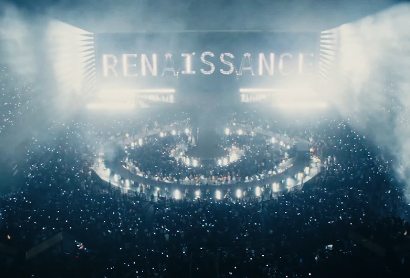 A shot from the trailer for Renaissance: A Film by Beyoncé. Featuring a long shot of the stage, with ‘RENAISSANCE' displayed on the giant LED wall screen.