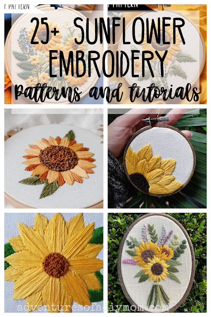 collage of sunflower embroidery patterns with text overlay