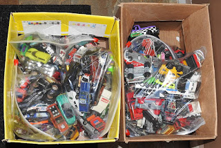 Boxes of toy cars to be donated to Salvation Army.