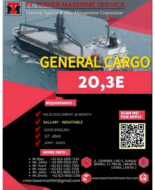 Loker 2nd Officer, 3rd Engineer Kapal General Cargo Januari 2024